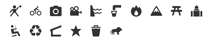 A visual display of the 15 new MapHub icons. These diverse symbols include icons for activities like cycling and picnicking, and features such as mountains, cameras, water sources, and animals.