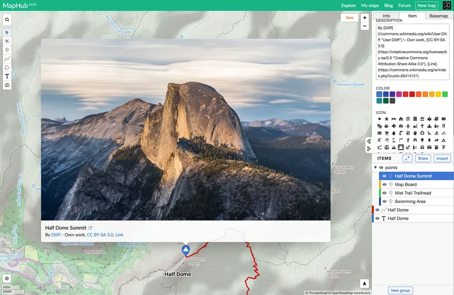 Screenshot of the MapHub user interface demonstrating the new image upload feature. A high-resolution photo of Half Dome is shown attached to its location on a topographic map of Yosemite. photos to add rich, visual context to your custom maps.