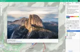 Screenshot of the MapHub user interface demonstrating the new image upload feature. A high-resolution photo of Half Dome is shown attached to its location on a topographic map of Yosemite. photos to add rich, visual context to your custom maps.