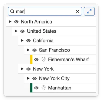 A MapHub sidebar with a search query ‘mar’ entered, highlighting matching items ‘Fisherman’s Wharf’ and ‘Manhattan’ within their nested groups. This illustrates that filtering works across the deep group hierarchy.