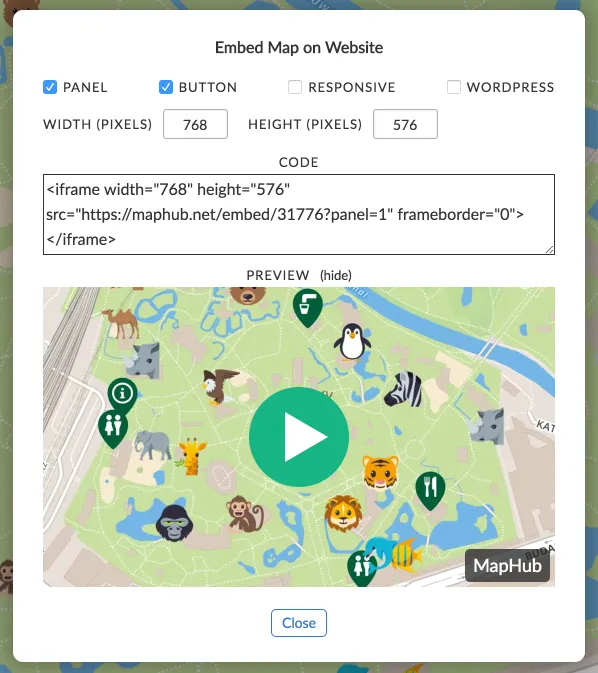 A screenshot of the MapHub 'Embed Map on Website' wizard, showing options for an HD embed and an Embed Panel, the iframe code, and a preview of a zoo map with a large play button. for HD embeds with an interactive panel.