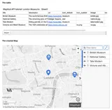 A composite image demonstrating the MapHub API, showing a source data table of London museums and the resulting interactive MapHub map of London with those locations pinned. like the one shown for London museums, into a fully interactive map.