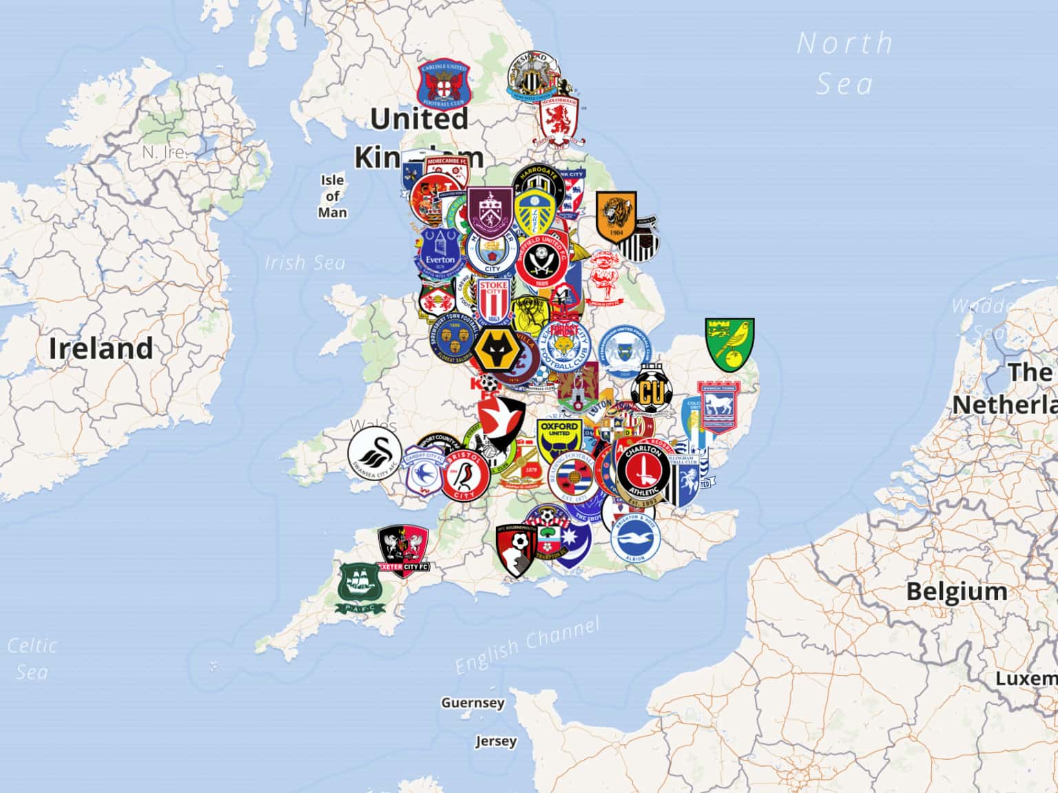 English Soccer Clubs by zackleischner · MapHub