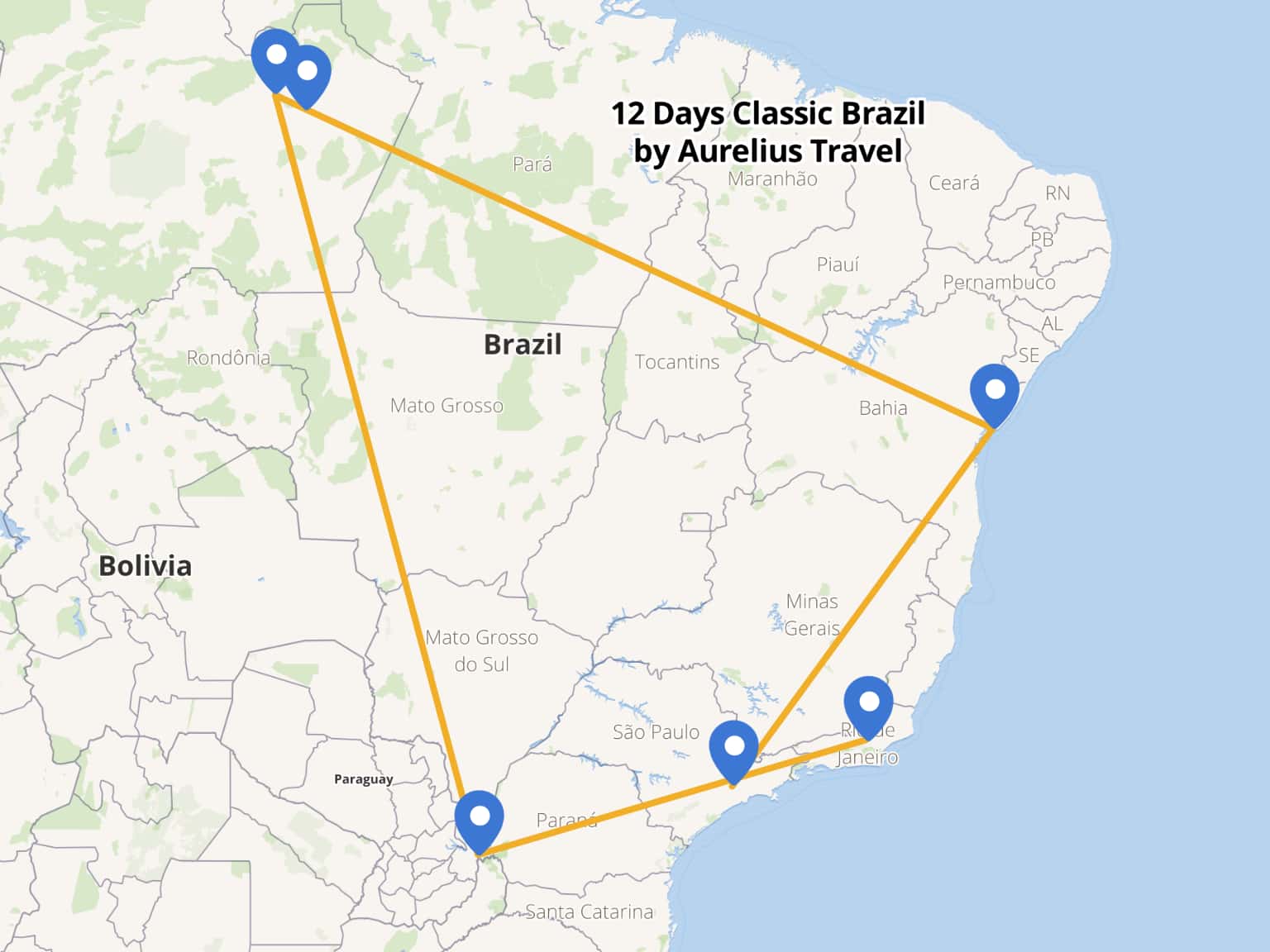 Brazil Tour Map 12 Days Classic Brazil by AureliusTravelMap · MapHub